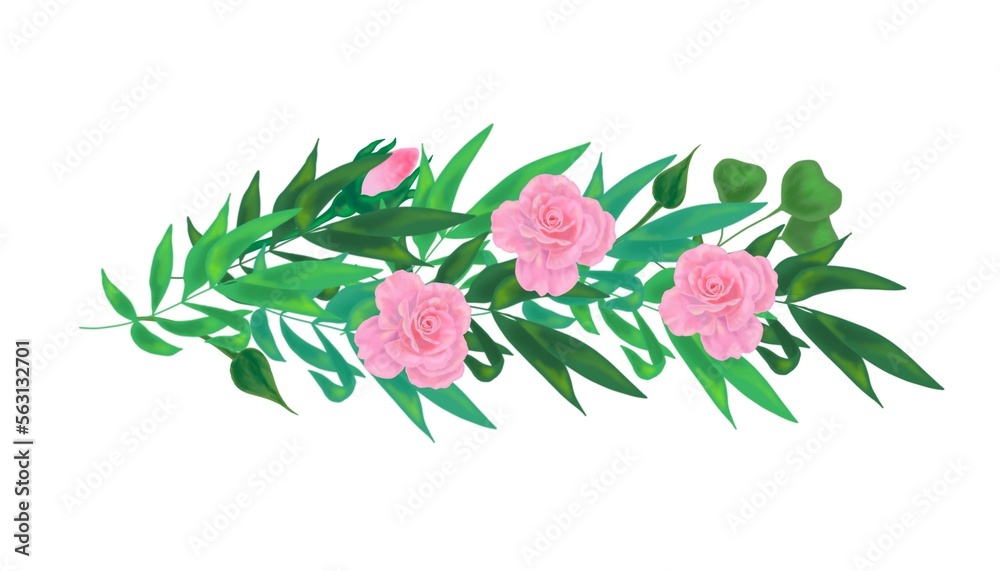 bouquet of flowers. twig ribbon with green tropical leaves and pink roses