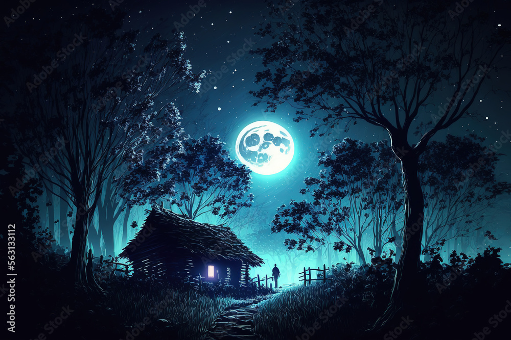 a night scene with a full moon in the sky, art illustration 
