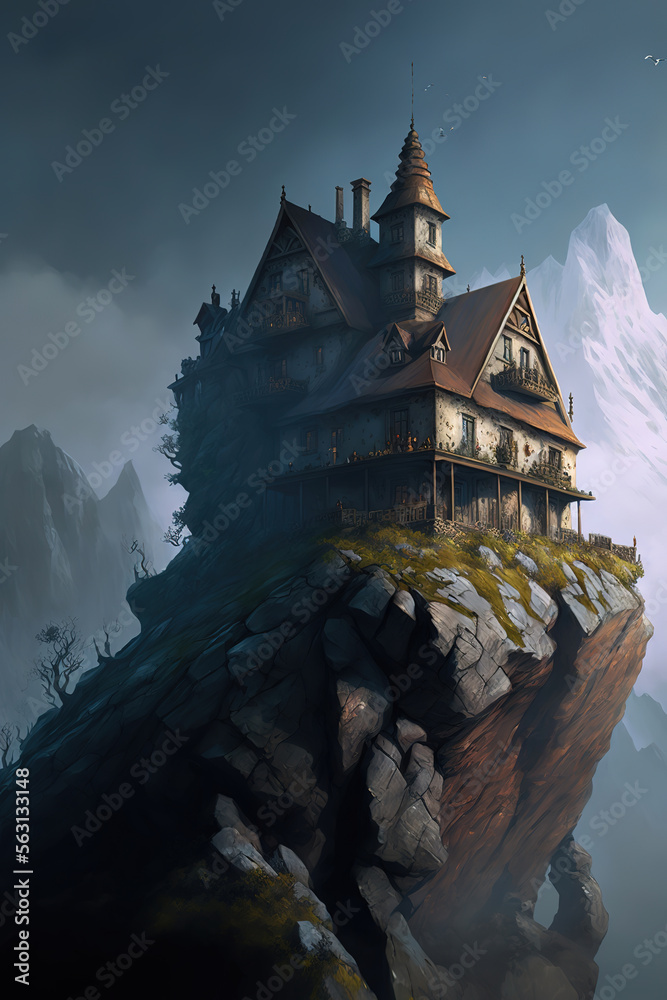 a painting of a house on top of a hill, fantasy art illustration 