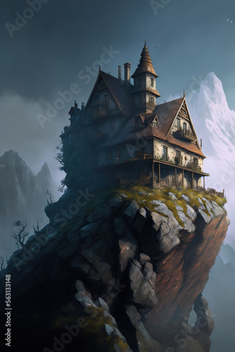 a painting of a house on top of a hill, fantasy art illustration 