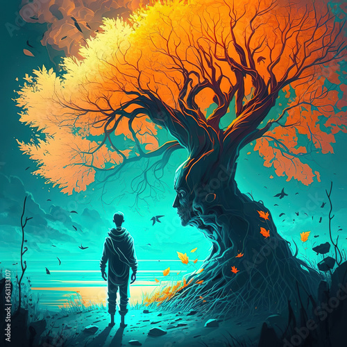 a painting of a man standing in front of a tree, concept art illustration 