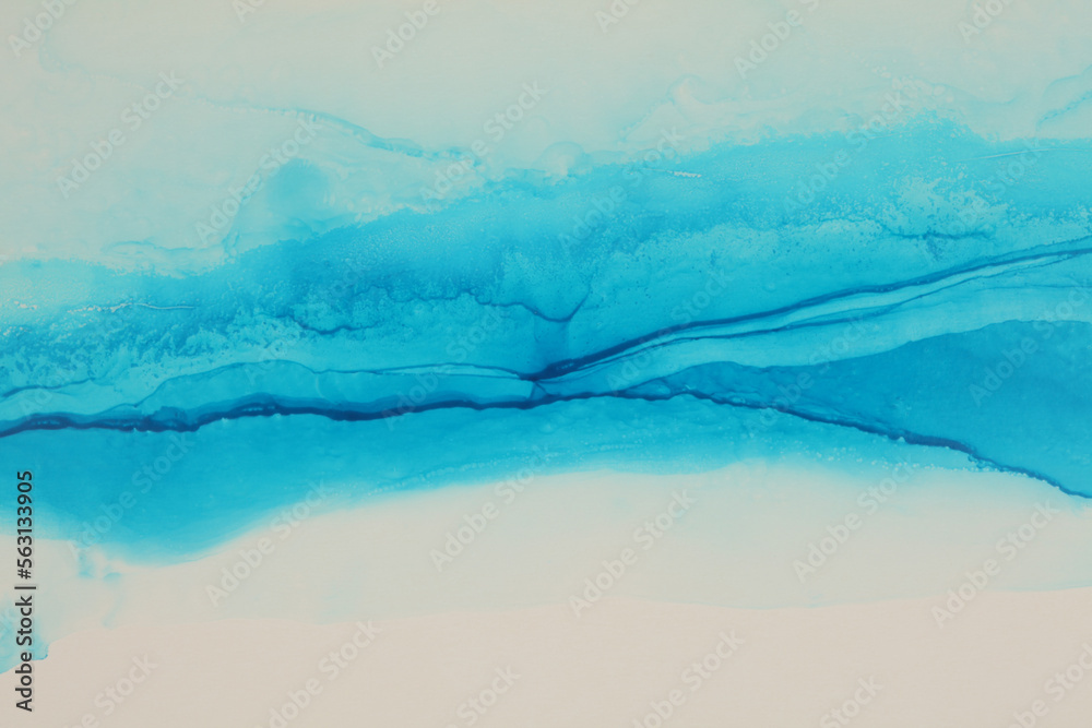Art flow Abstract watercolor and Alcohol ink marble smoke blot painting. Blue and beige color canvas texture horizontal background.