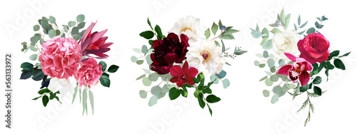 Trendy magenta bouquets vector design bouquets. Hot pink roses, barbie pink ranunculus, white peony