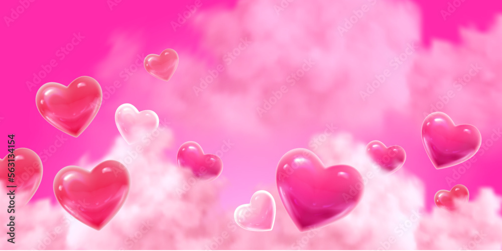 Horizontal banner with pink sky and clouds. Place for text. Happy Valentine's day sale header or voucher template with hearts. Rose cloudscape border frame pastel colors.