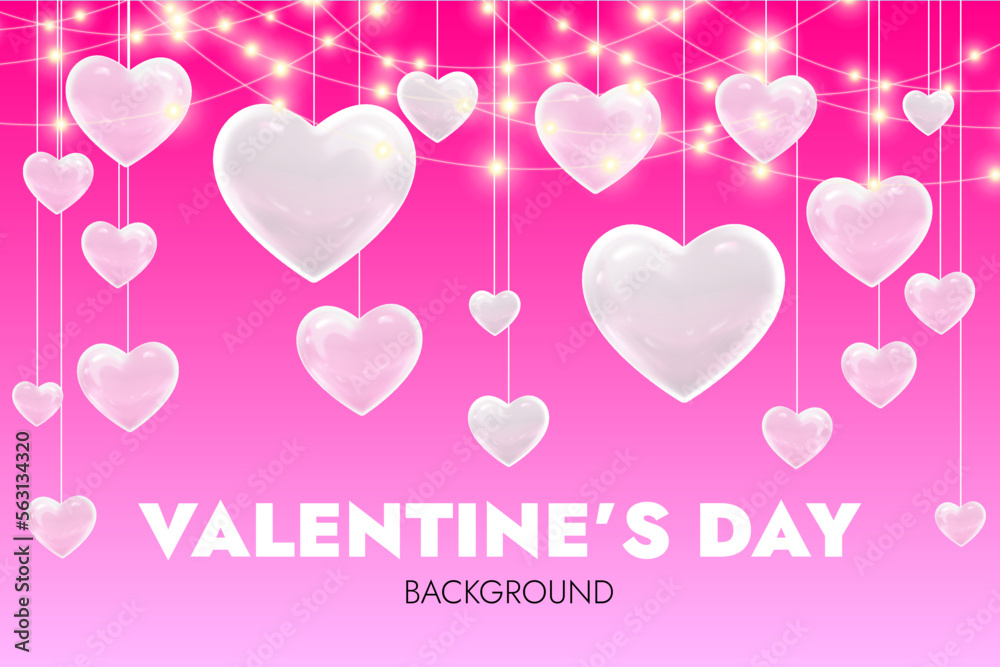 Horizontal banner with pink sky and clouds. Place for text. Happy Valentine's day sale header or voucher template with hearts. Rose pastel colors lights garland.