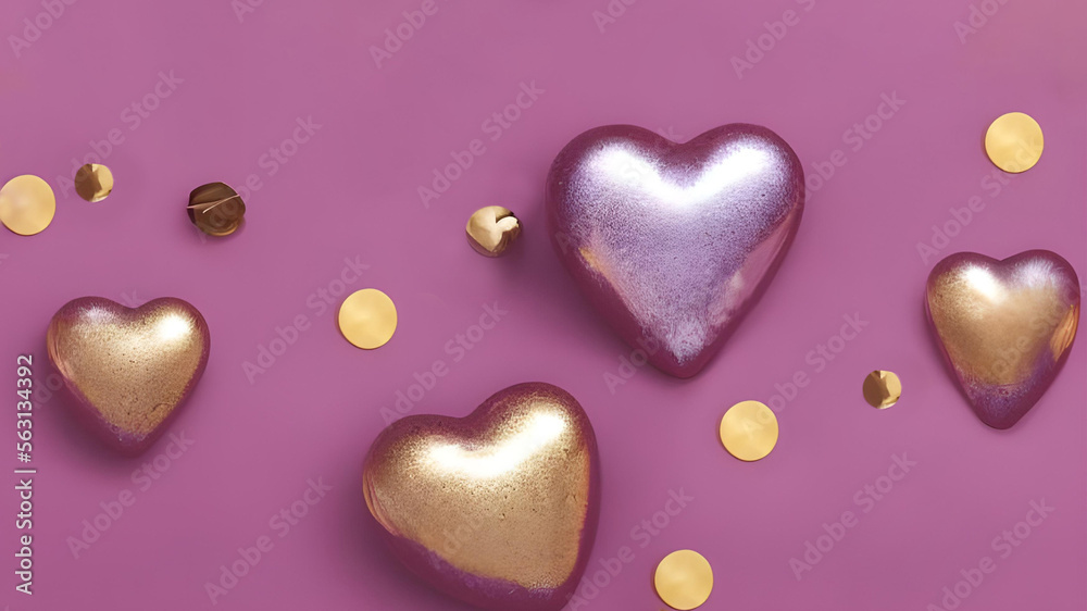 Hearts & confetti on a dusty pink background. Valentine's Day, Mother's Day, Women's Day, love concept wallpaper, backdrop, flat lay, copy-space, generative AI.