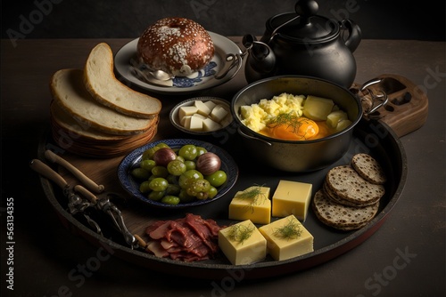  a plate of food with bread, cheese, olives, bread and breadcrumbs on it and a teapot with a teapot on the side of bread and a plate. Generative AI