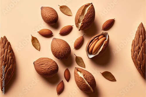  a group of nuts with leaves on a pink background with a spoon in the middle of them and a few nuts on the bottom of the nuts, with leaves, on the top. Generative AI