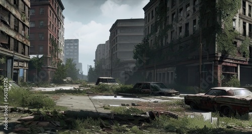 Post-Apocalypse Abandoned City Streets Buildings Created with Generative AI Technology