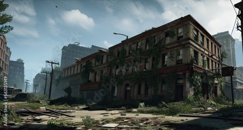 Post-Apocalypse Abandoned City Streets Buildings Created with Generative AI Technology © Mohsen