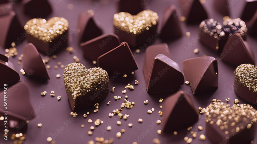 Dark chocolate hearts with gold flakes,. Perfect Valentine's Day gift. Sweet romance, love, affection, Mother's Day, friendship. Wallpaper, generative AI. Dark chocolate hearts with gold flakes,. Perfect Valentine's Day gift. Sweet romance, love, affection, Mother's Day, friendship. Wallpaper, generative AI.