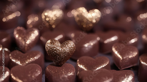 Party Chocolate hearts with golden glitter. Brown bokeh background. Valentine's Day, sweet romance, love, affection, Mother's Day, friendship. Flat lay, copy space, generative AI.