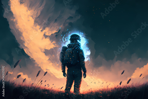 Firefly bacteria, ghostly glow armour of astronaut walking through a meadow and looking at the ring clouds in the sky, digital art style, generative ai