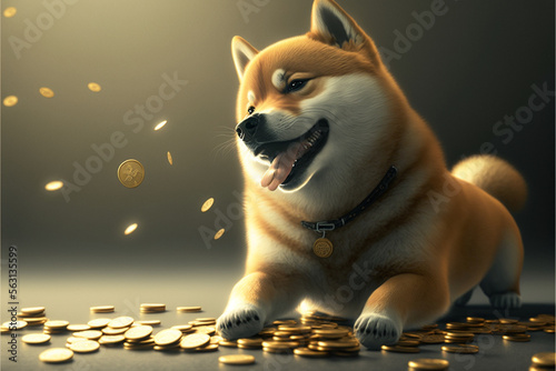 Shiba Inu dog playing with his gold coins, Generative AI. 