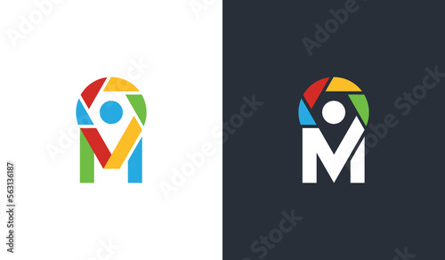 initial Letter M with Location Pin and shutter Logo Concept sign symbol icon Element Design. Photography, Photographer Logotype. Vector illustration template
