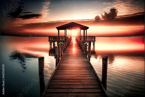 a wooden dock leading to a sunset - Generative AI