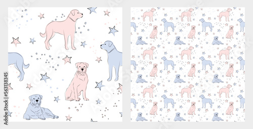 Pattern design with funny Rottweiler dogs doodles, seamless pattern. T-shirt textile, wrapping paper, blue background graphic design. Wallpaper for Babies and kids. Blue and Pink linen style. Stars.