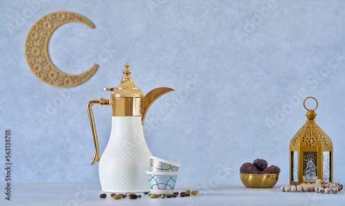 Traditional arabic coffee . Ramadan  decor with Arabian coffee set photo