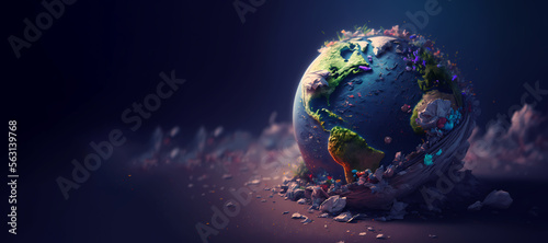 Concept plastic pollution Earth. Eco environmental problem, planet in different trash human waste, blur background banner. Generation AI
