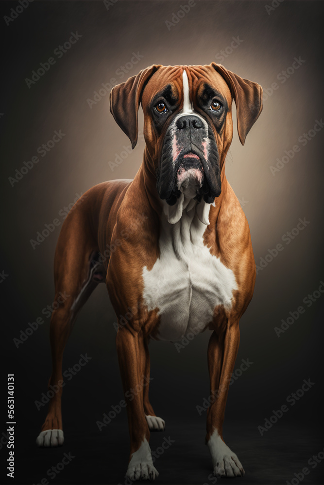 Generative AI illustration of a brown purebred boxer dog standing looking at the camera, realistic image