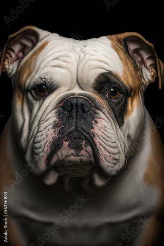 Generative AI portrait illustration of a purebred pug dog looking at the camera, realistic image with black background