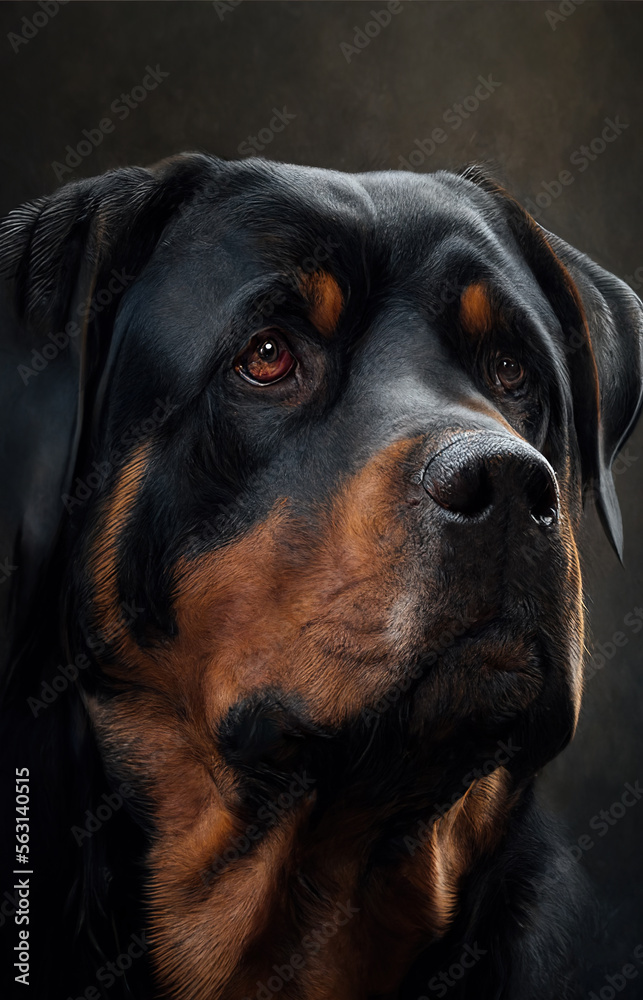 Obraz premium Generative AI of an illustration of a portrait of a rottweiler dog in a photographic studio, realistic image with black background