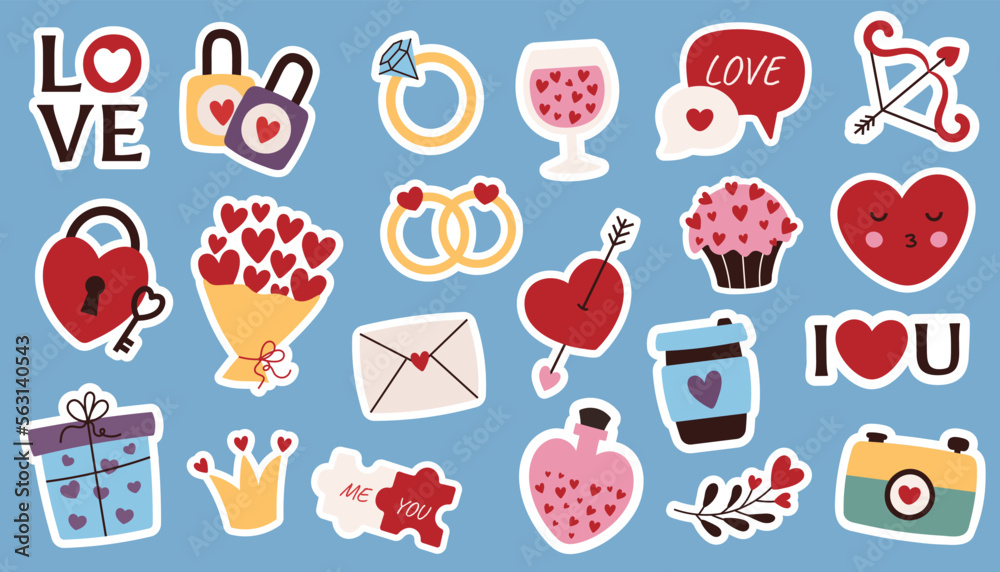 Set of cute vector love stickers for daily planner and diary. Colorful and modern Valentines Day stickers. Set of cute vector love stickers for daily planner and diary. Colorful and modern Valentines Day stickers.