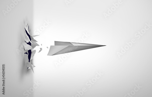 Breaking through and overcoming challenges or surmounting difficulties as a paper airplane blasting out of a wall as a symbol to overcome obstacles as a business success