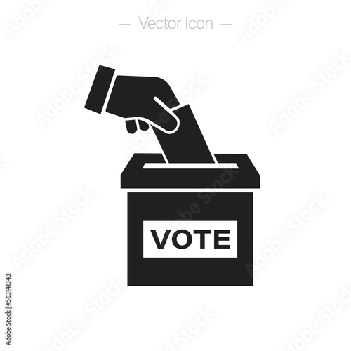 Hand voting ballot box icon. Hand putting paper in the ballot box. Isolated vector illustration.