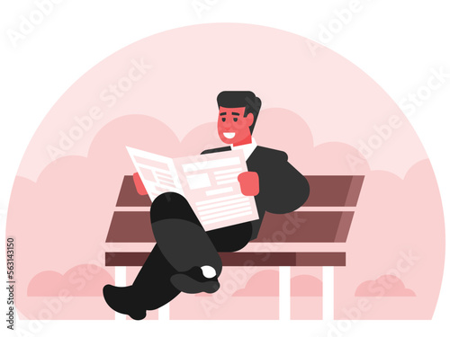 Businessman read newspaper in park, male person relax. Guy character at bench, adult lifestyle outdoor background. Man sit with newspaper. Vector graphics