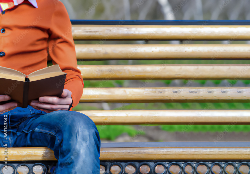 Man sitting on a bench in a park reading a book. Male hands holding a book outside. Front view, copy space for text. Man sitting on a bench in a park reading a book. Male hands holding a book outside. Front view, copy space for text.