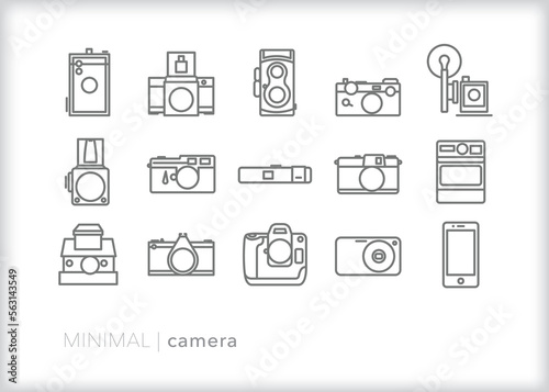 Set of camera line icon of different types of film and digital camera bodies