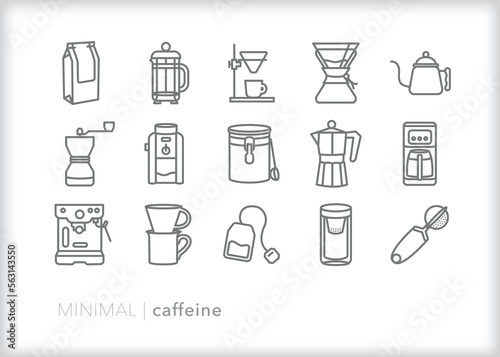 Set of caffeine line icons for brewing and drinking coffee and tea