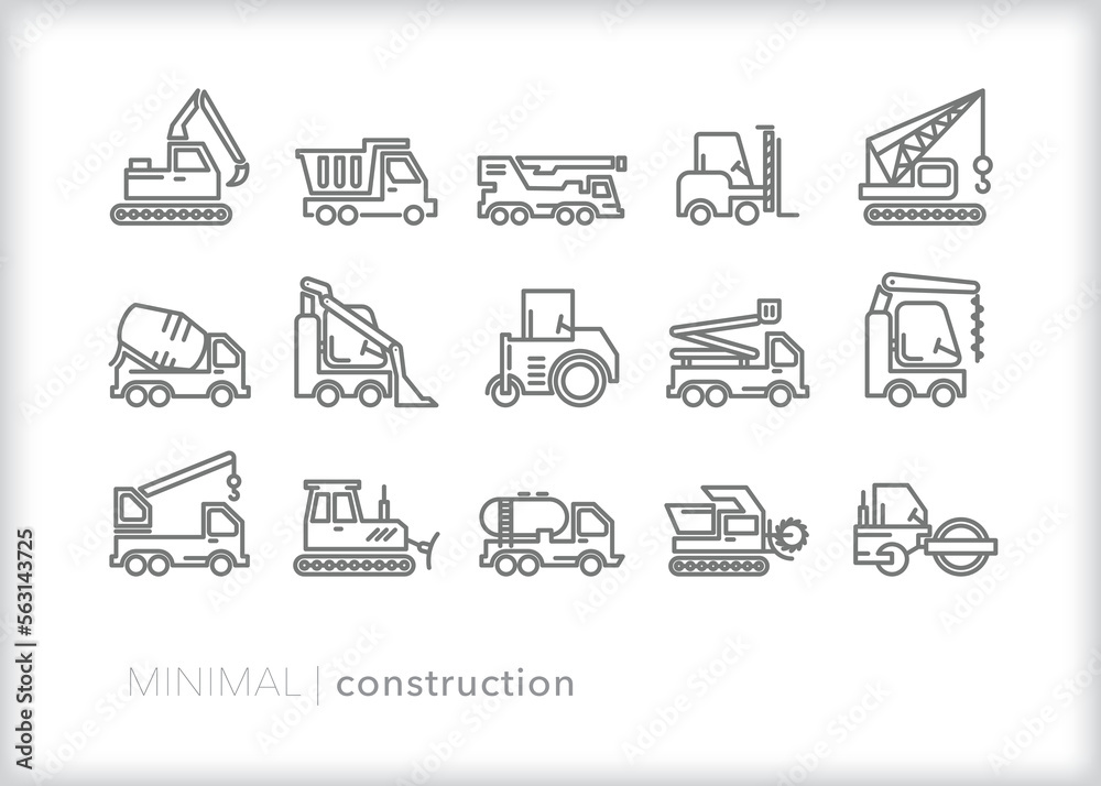 Set of construction line icons of heavy machinery and different types ...