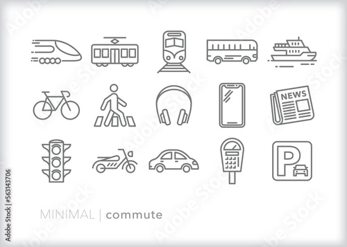 Set of commute line icons of themes for getting to work or getting home by different modes of transport