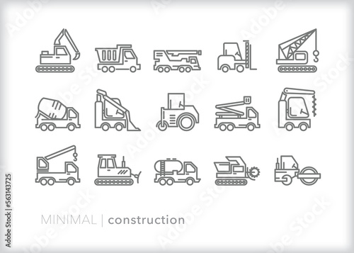 Set of construction line icons of heavy machinery and different types of vehicles