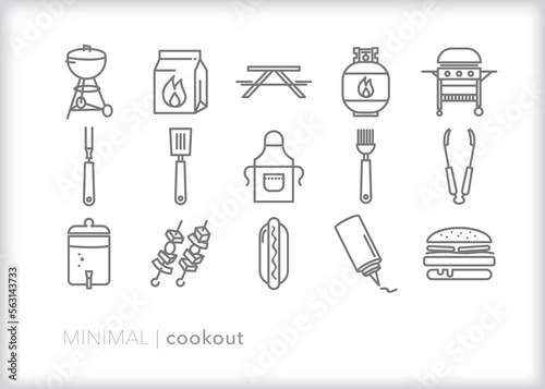 Set of cookout line icons of items for an outdoor summer bbq or picnic of grilled foods