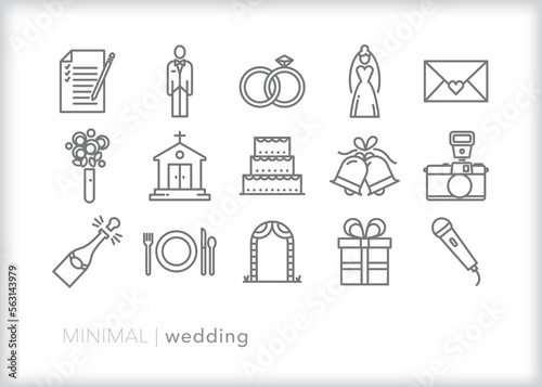 Set of wedding line icons for celebrating the marriage of a couple