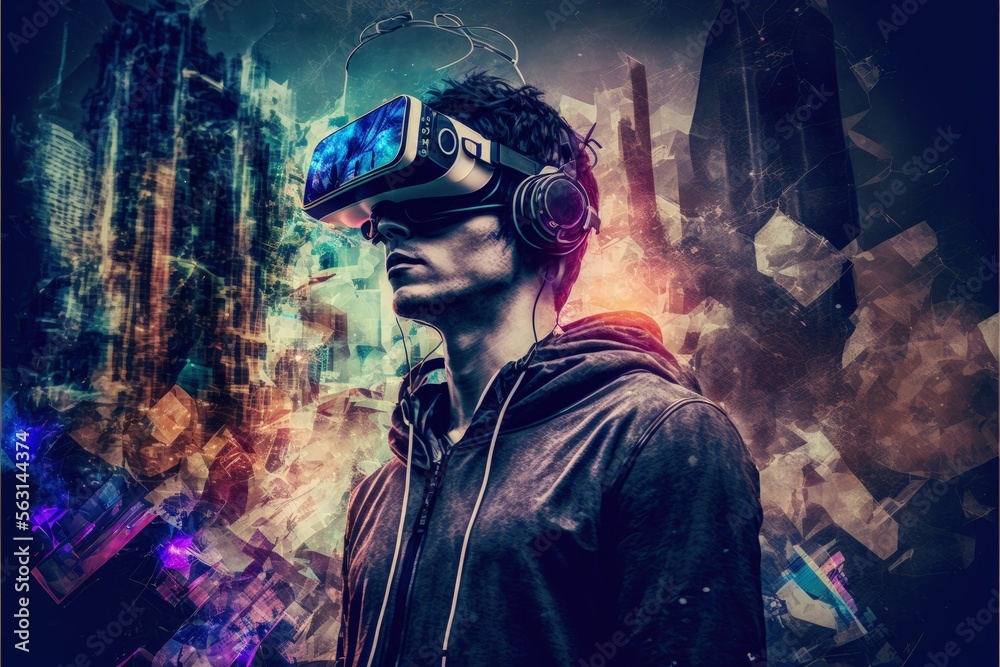 Obraz premium man wearing VR headset on grunge abstract background image created with Generative AI technology.