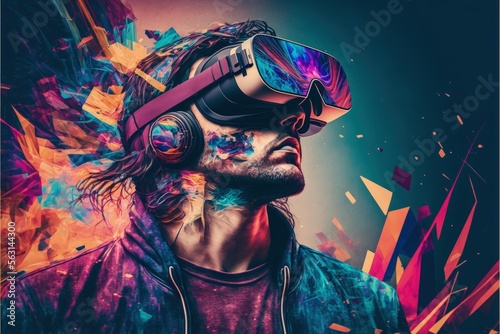 man wearing VR headset on grunge abstract background image created with Generative AI technology.