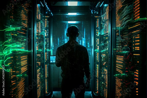 Computer technician hack in a data center operation center.
generative ai