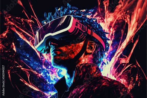 man wearing VR headset on grunge abstract background image created with Generative AI technology.