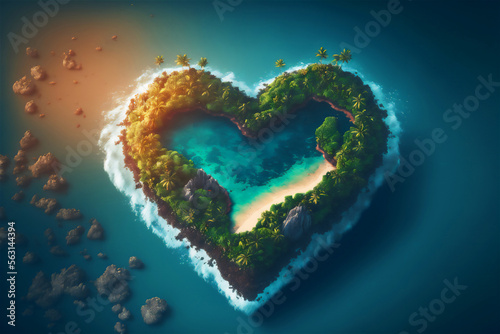 Heart shaped island of lovers with tropical vegetation aerial view. Generative AI technology.