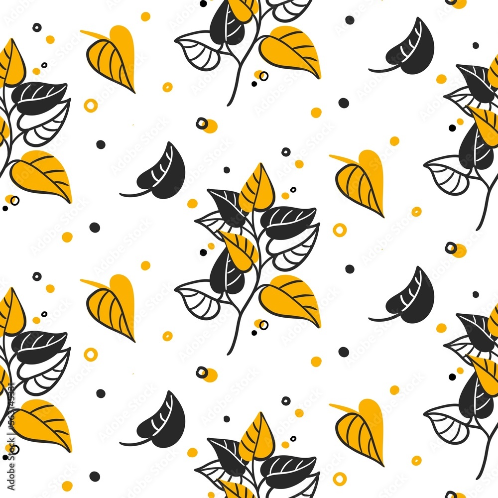 seamless pattern with graphic leaves doodles in black and yellow colors