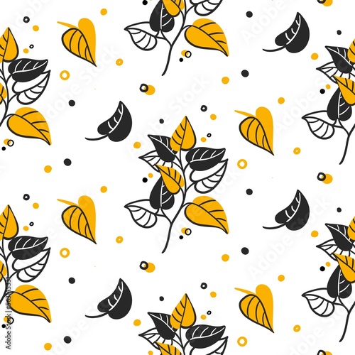 seamless pattern with graphic leaves doodles in black and yellow colors