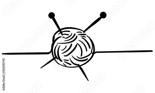 Knitting banner in a simple linear style, knitting tools and a ball of thread outline