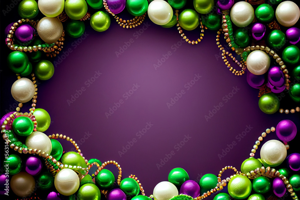 Obraz premium Beads In Mardi Gras Colors Decoration. Illustration Generative AI