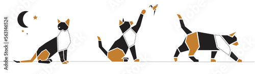 Série 3 chats bicolores, origami, lune, papillon