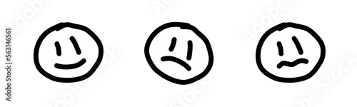 Doodle y2k brutalist smileys. Happy, sad and confused marker or pencil neon black on white brutalist emoji icons (Full Vector)