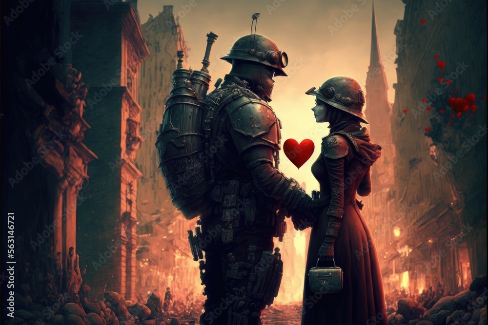 Love concept in the war. City destroyed by war or by a great disaster. Hope in the chaos. Generative Ai